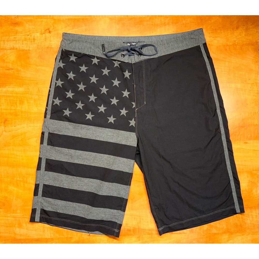 Hurley Buckle Mens Board Shorts 30 American Flag Stars Stripes Black Gray Swim